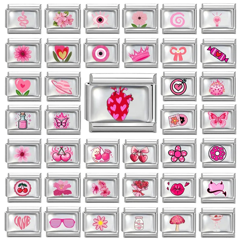 Wholesale Fashion Pink Love Heart Butterfly Planet Dice Cherry Italian Charm Links Fit 9MM Stainless Steel Bracelet DIY Making Qme