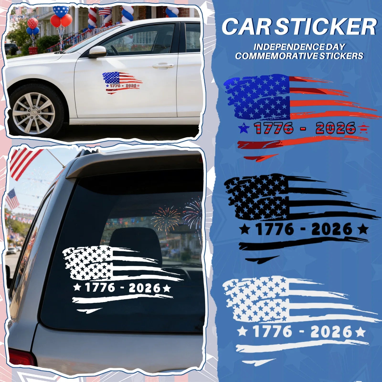 0 YeUSA Independence Day 250th Anniversary Flag Background Car Decals (1776-2026) Holiday Party Decorative Home Flat Stickers Qme
