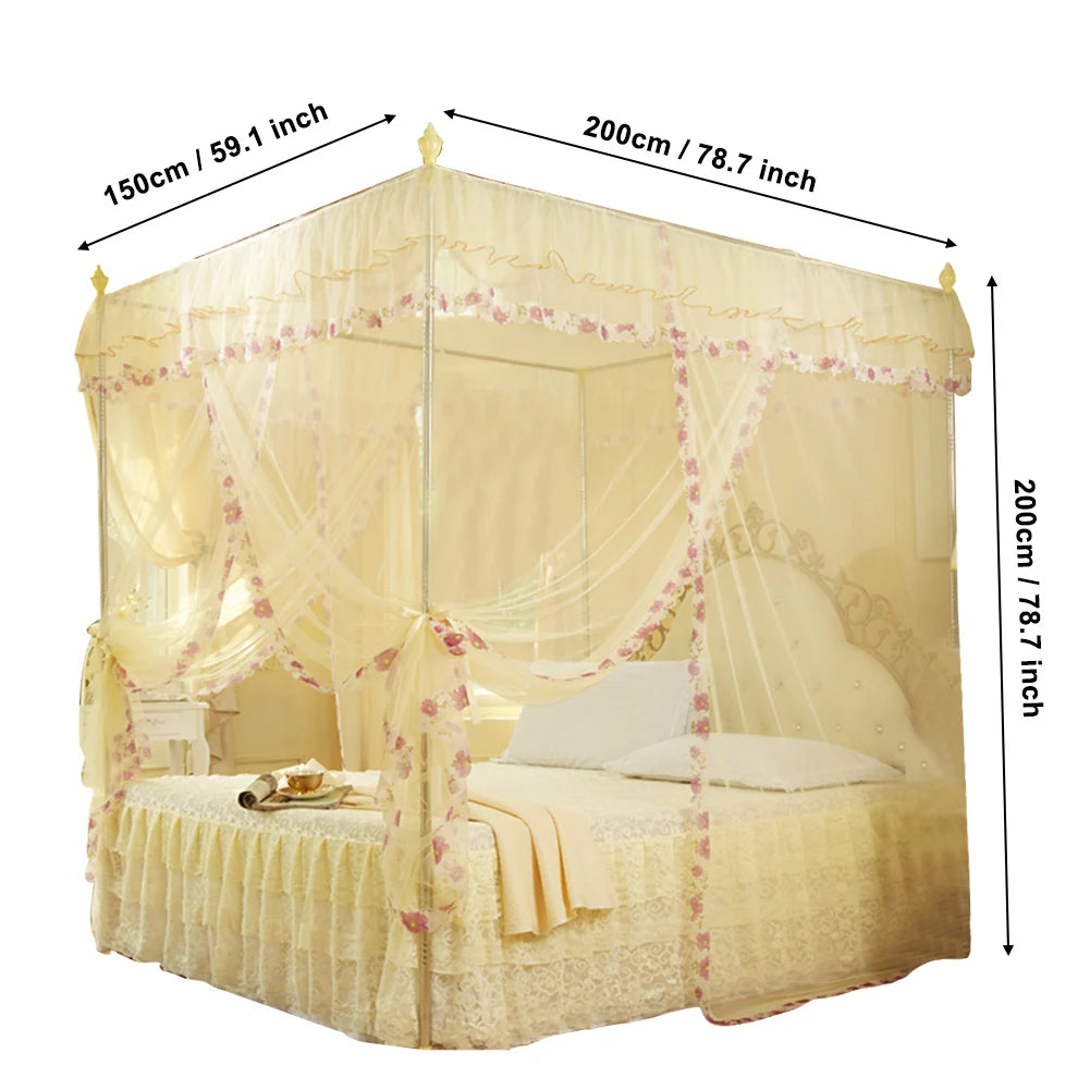 Luxury Lace Mosquito Net 3-Side Opening Design Soft Mesh Fabric Anti-Mosquito Bite Protection for Bedroom No Stand Included Qme Beige 150 x 200 x 20
