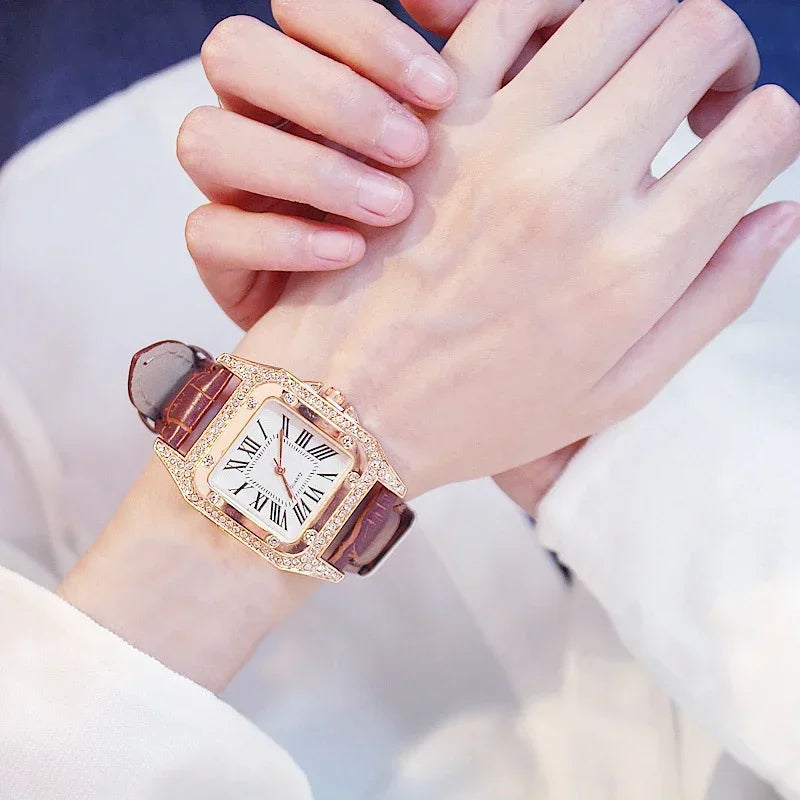 Women Diamond Watch Starry Square Dial Bracelet Watches Set Ladies Leather Band Quartz Wristwatch Female Clock Zegarek Damski Qme
