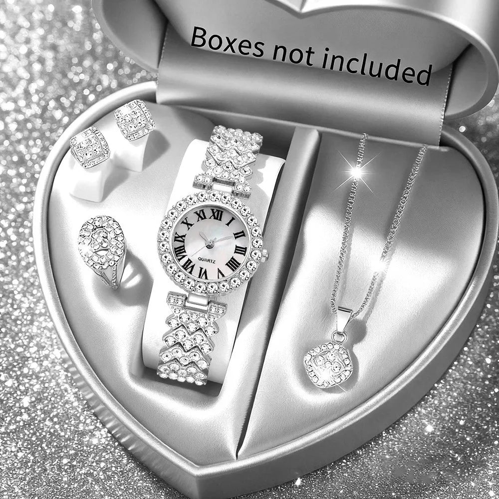 2026 5pcs Elegant Rhinestone Women Watches Fashion Roma Dial Bracelet Band Quartz Wristwatch Jewelry Set Reloj Mujer（Without Box Qme