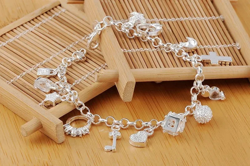 925 Sterling Silver Bracelets for Woman Men Crystal Heart Star Cross Wedding Party Christmas Gift Fashion Jewelry Qme