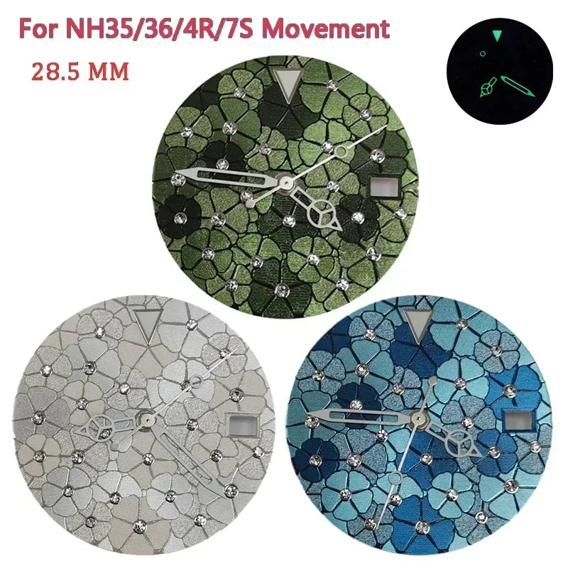 28.5mm Watch Faces Inlaid Watch Dial + Skeleton Hands for Men Women Watch Modification Accessories for NH35/NH36/4R/7S Movement Qme