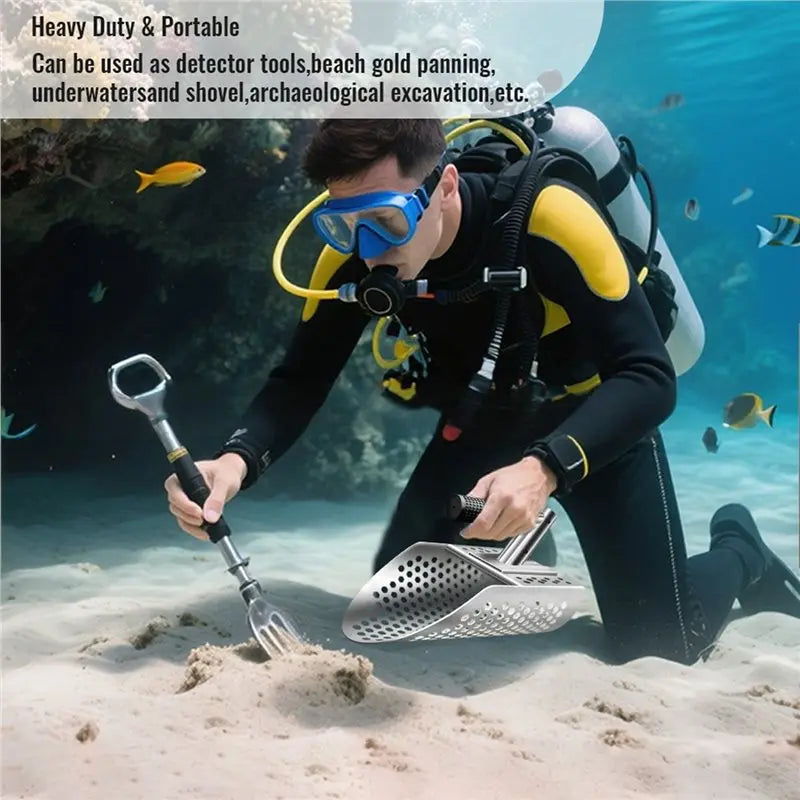 A02F-Removable Long-Handled Sand Shovel Portable Travel Beach Stainless Steel Detection Sand Shovel Screen Set Qme