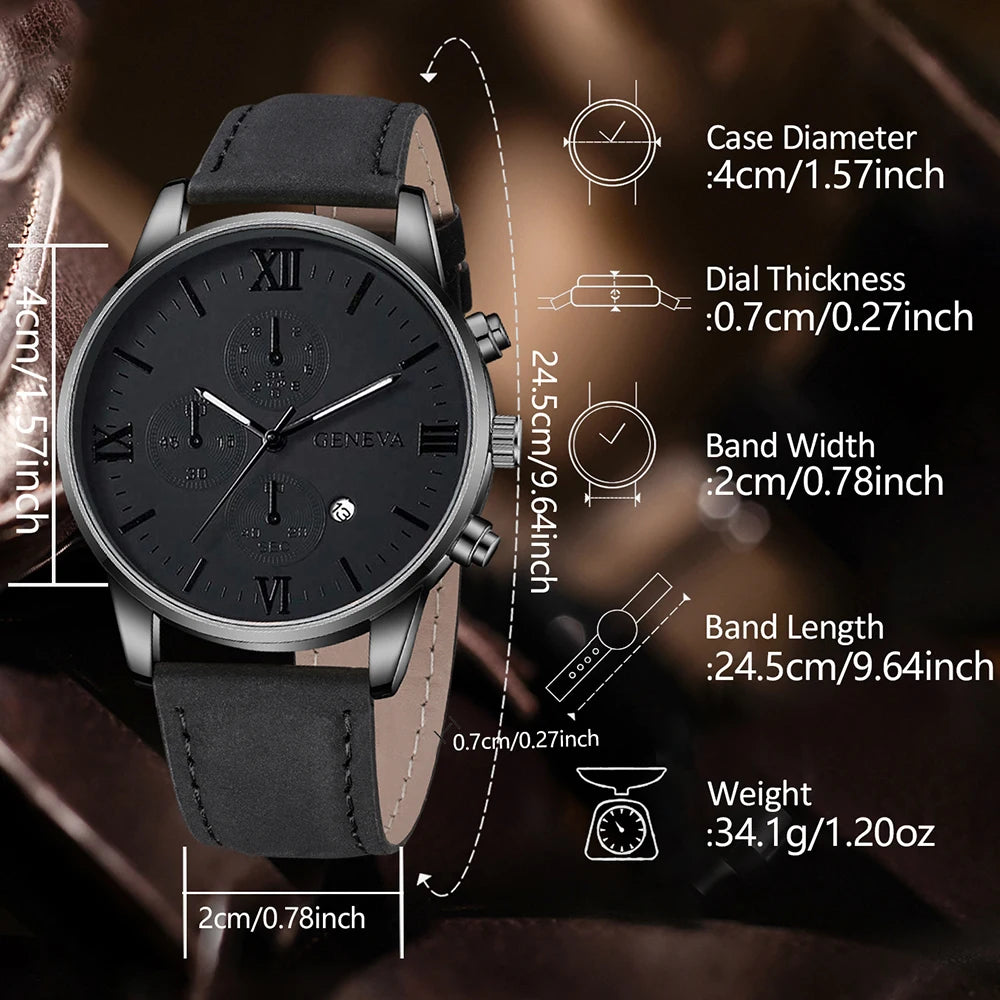 3PCS Black Men's Watch Set Business Trend Quartz Watch Bracelet Necklace Set Suitable for Daily Clothing Matching Perfect Gift Qme