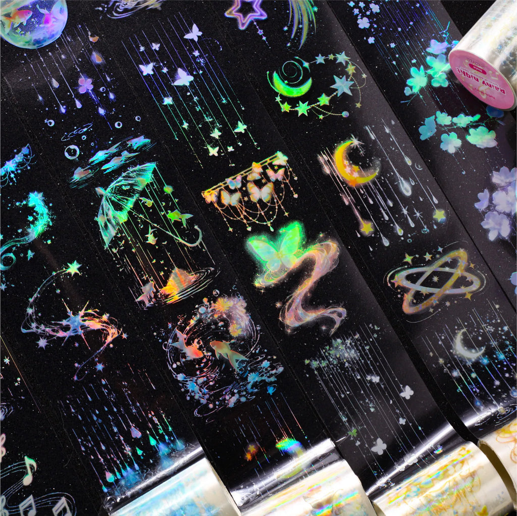 1 Roll Holographic Iridescent Fringe Rainy Night Washi Tape for Journal DIY Frame Scrapbook Decorate Laptop Phone Qme