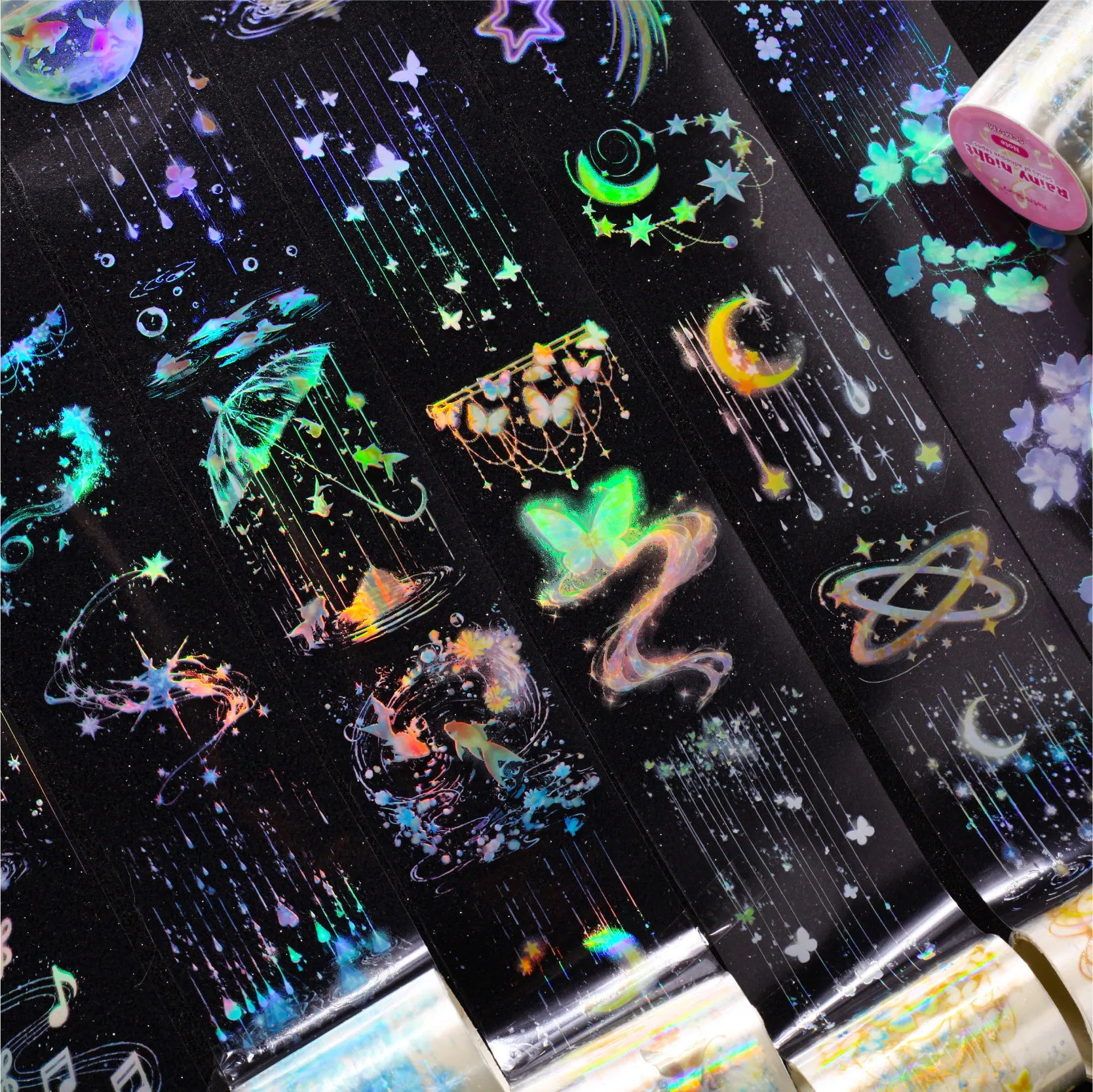 1 Roll Holographic Iridescent Fringe Rainy Night Washi Tape for Journal DIY Frame Scrapbook Decorate Laptop Phone Qme