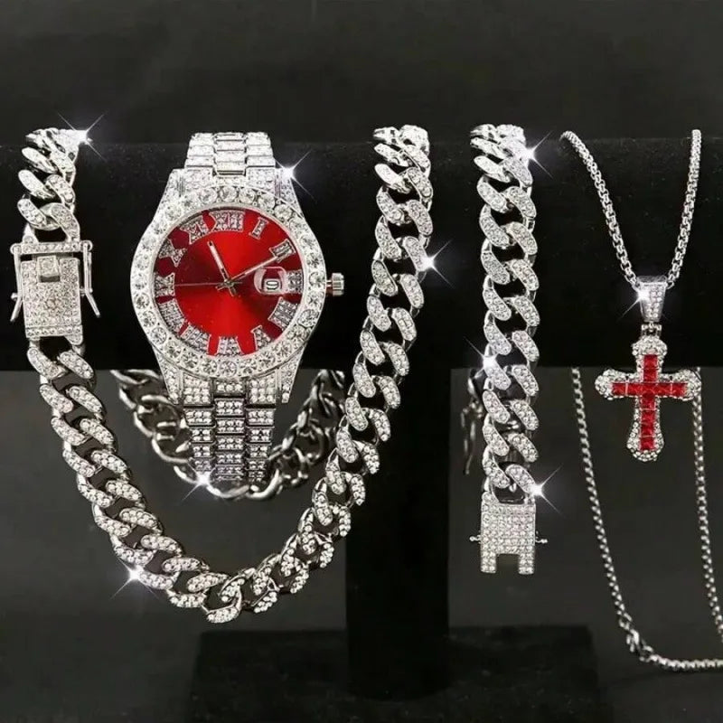 Men's Full Diamond Silver Watch and Jewelry Combo Set, Iced Out Cuban Chain + Bracelet + Cross Pendant + Watch, Perfect Gift Qme