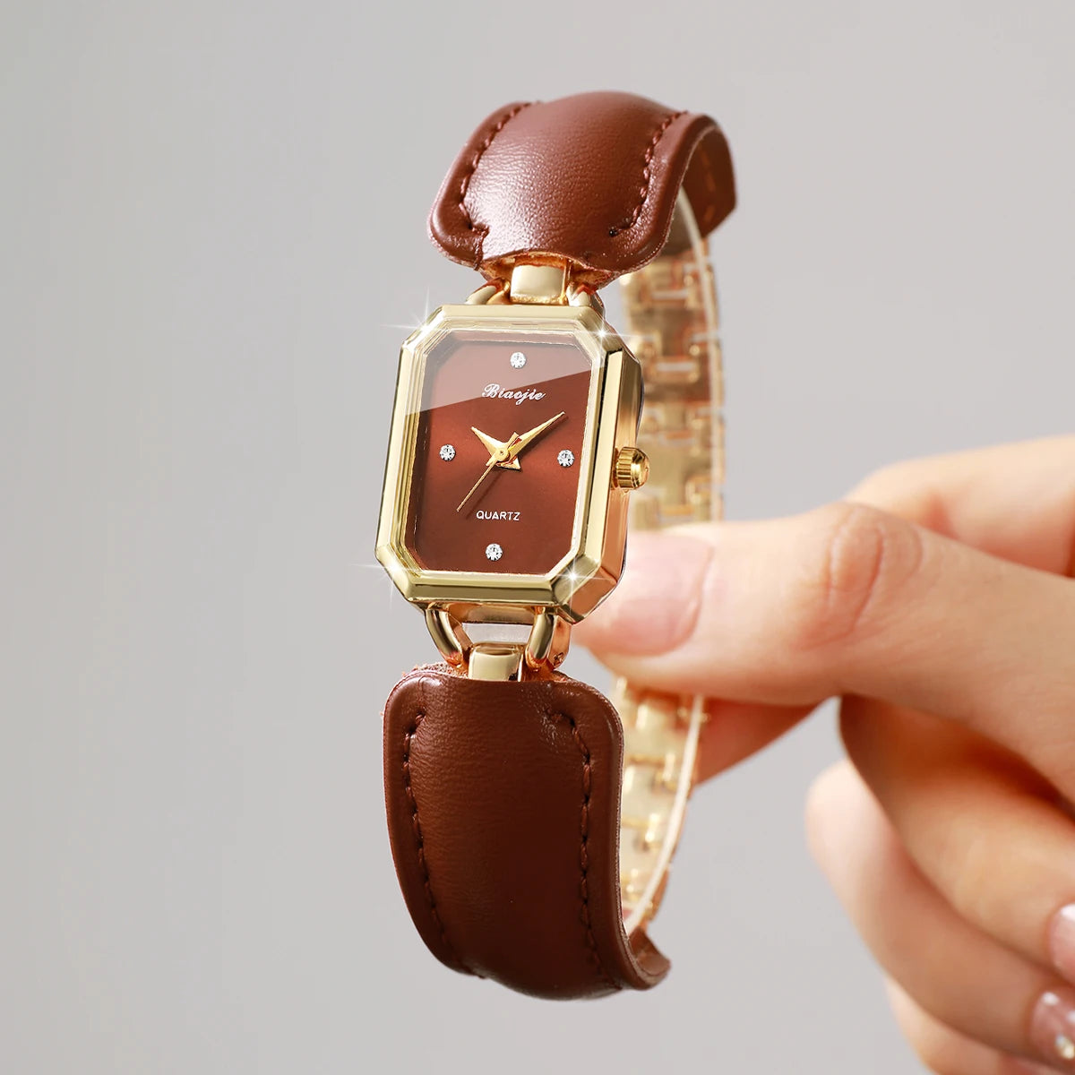 Women Small Rectangle Dial Quartz Wrist Watch Brown Leather Strap Rhinestone Index Elegant Casual Ladies Dress Wristwatch Gift Qme