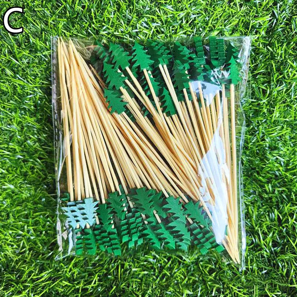 50Pcs/set Christmas Fruit Sticks Disposable Bamboo Sticks Snowflake Christmas Tree Elk Santa Claus Snowman Sticks Xmas Ornaments Qme Green Christmas tree