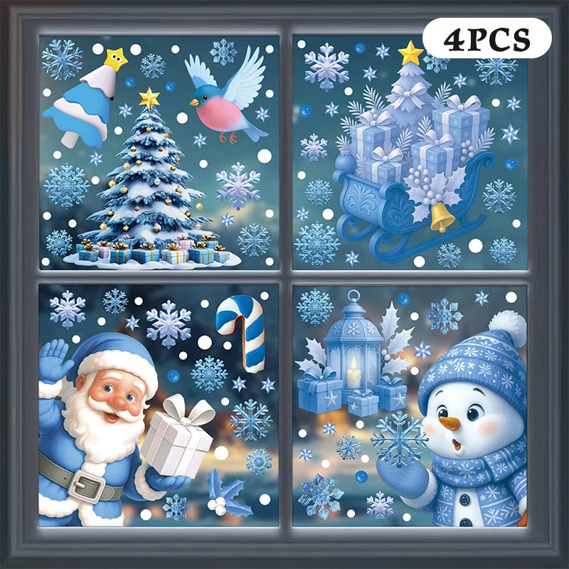 Blue Christmas Window Clings-Static Sticker Set With Bells, Reindeer, Santa, Snowflakes & Snowman For Holiday Party Decor Qme A9