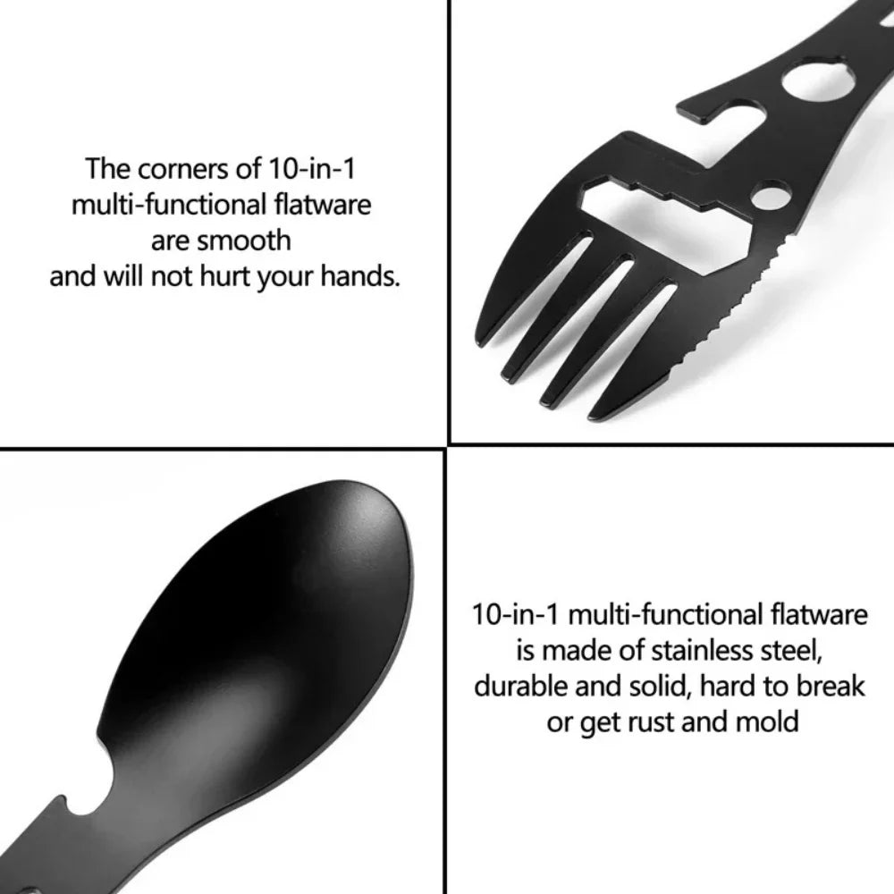 Multifunctional Outdoor Spoon Fork Tool 10 in 1 Survival Kit with Wrench Saw Edge Practical Fork Knife Spoon Bottle/Can Opener Qme