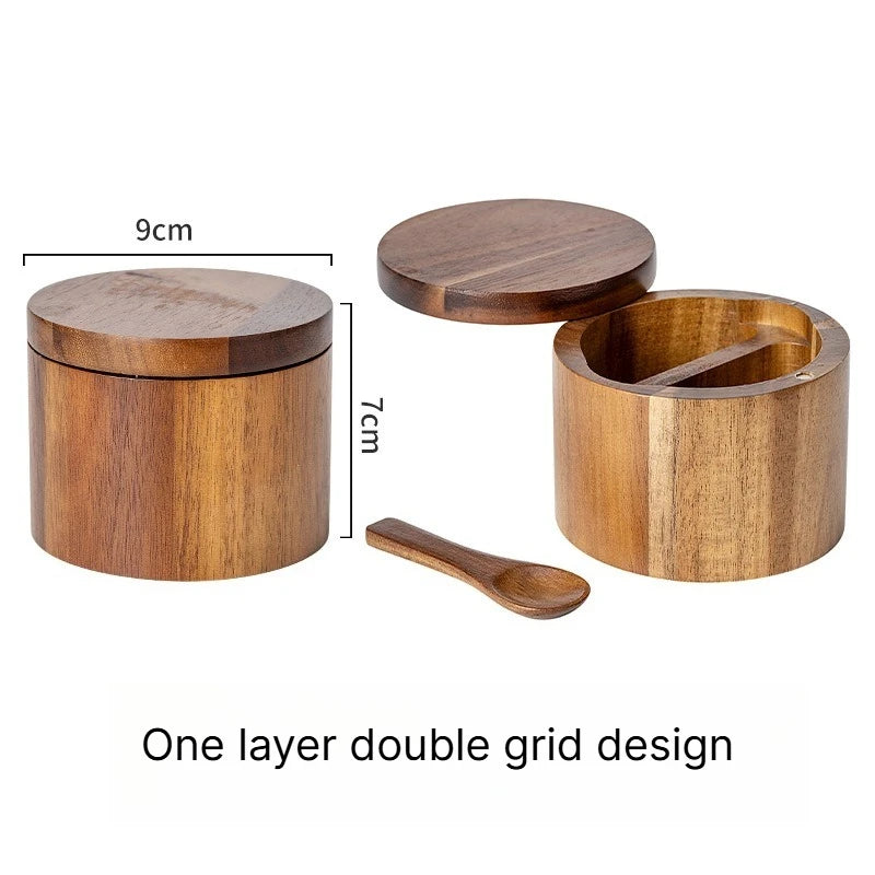 A Acacia wood salt jar, solid wood seasoning box, wooden pepper box, kitchen seasoning bottle, salt box, storage seasoning jar Qme