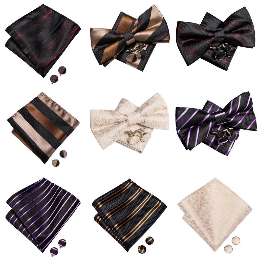 Mens Bow Tie Hanky Cufflinks Pre-tied Red White Pink Solid Floral Stripes Paisley Bowtie for Male Wedding Business Gift Qme