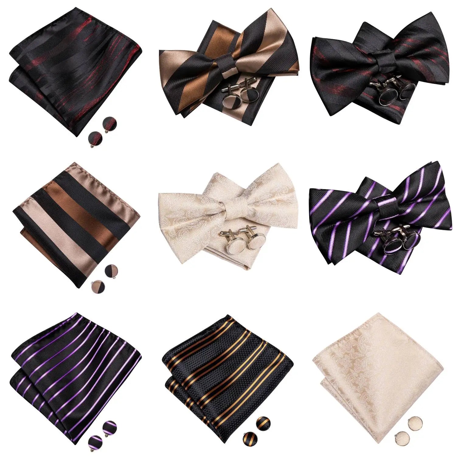Mens Bow Tie Hanky Cufflinks Pre-tied Red White Pink Solid Floral Stripes Paisley Bowtie for Male Wedding Business Gift Qme