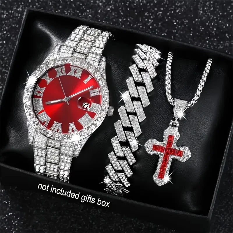 3/4 pcs Men's Luxury Stainless Steel Quartz Watch Gold Timer Wristwatch Necklace and Cross Pendant Qme Silver