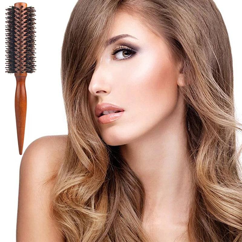 Anti Static Wood Boar Bristle Hair Round Brush Hairdresser Styling Qme