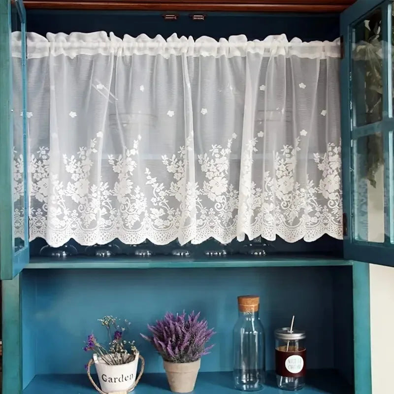 European White Lace Short Curtains for Kitchen Outdoor Patio & Balcony Decorative Window Drapes Qme