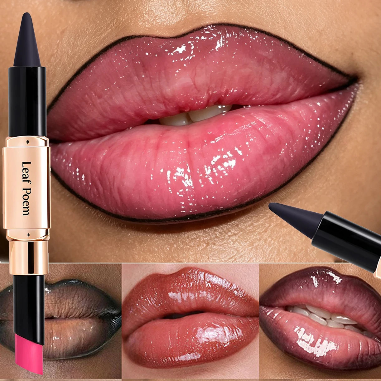 2-in-1 Ultra Fine Lip Liner Velvet Matte Dark Purple Mirror Lipstick Waterproof Non Sticky Contouring Tint Outline Lip Makeup Qme