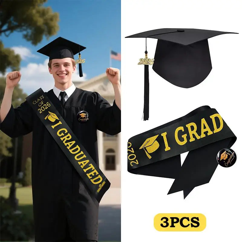 Class Of 2026 Black Golden Satin Sash Bachelor Cap With Tassel Graduation Shoulder Strap Congrats Grad Party Photo Props Qme A6