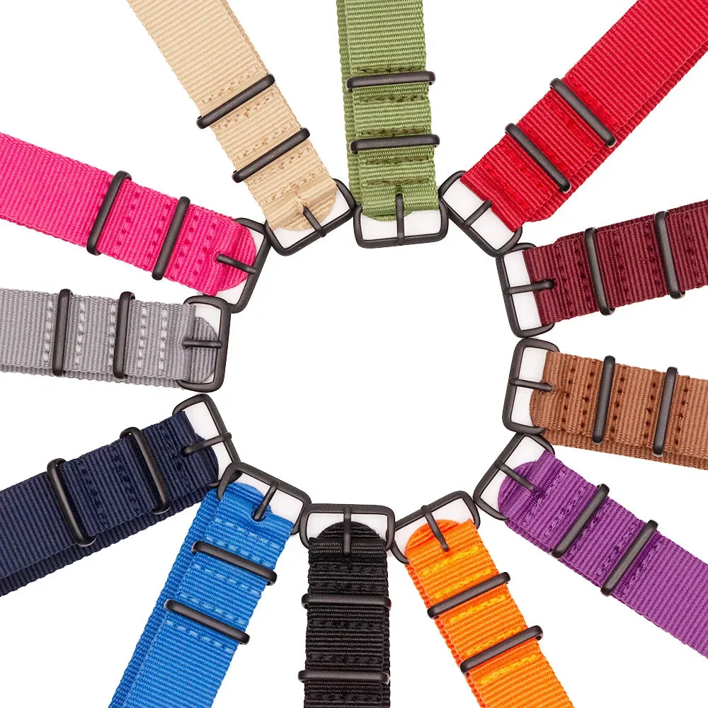 Sports Watch Band Nylon Strap Stainless Steel Black Frosted Buckle Adjustable 18MM 20MM 22MM 24MM Unisex Replacement Wristband Qme 3Black 4Red 2Green 24mm