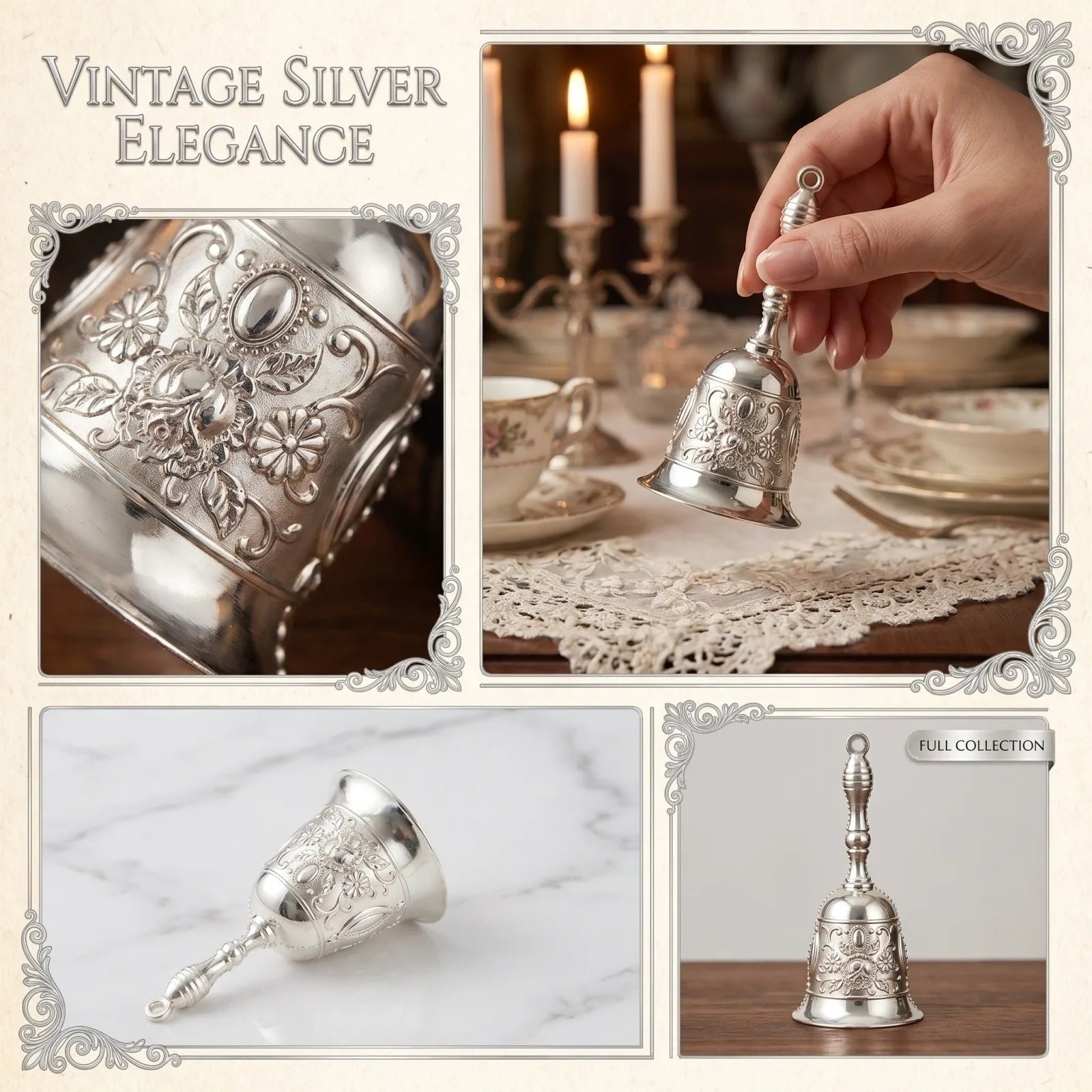Brass Handicraft Large Engraved Hand Bell Loud and Clear Sound for Meditation Church Bronze Bell Creative Dining Service Bell Qme Silver One Size