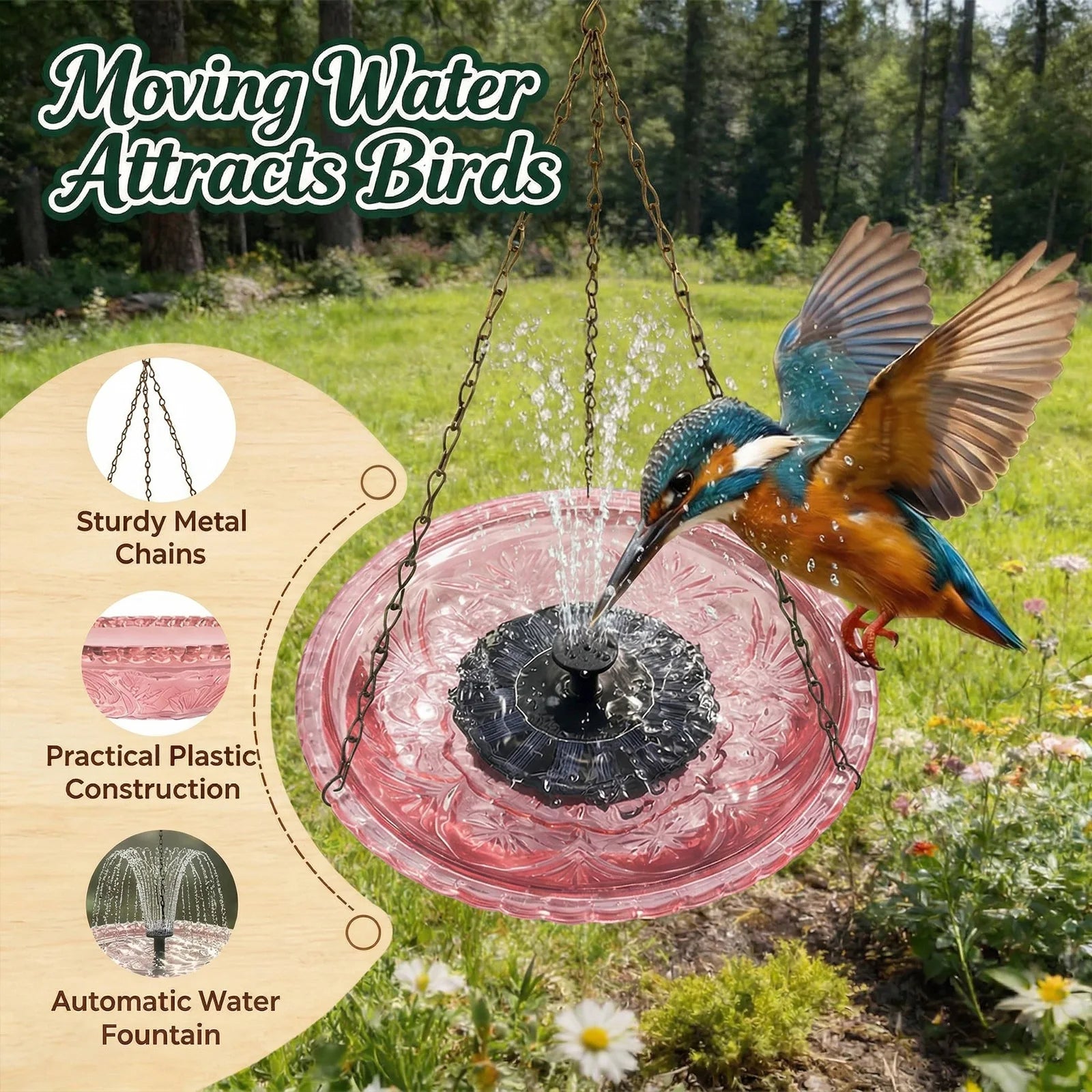Bird Bath Bowl with Solar Powered Pump Wildlife Feeder Hanging Solar Bird Bath Fountain for Outdoor Garden Backyard Patio Lawn Qme