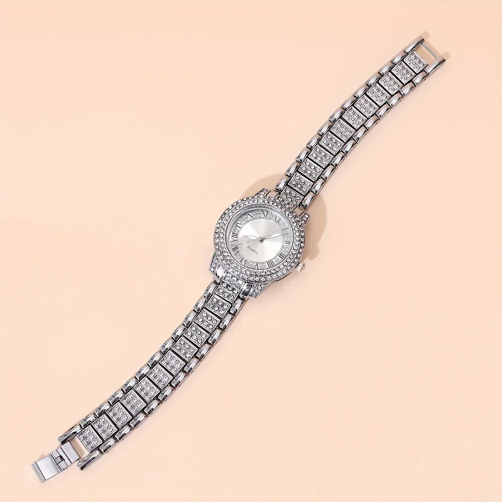 Women Watches Golden Tone Alloy Quartz Watch Stylish Rhinestone Bling Dress Watch Wristwatches, For Xmas Qme