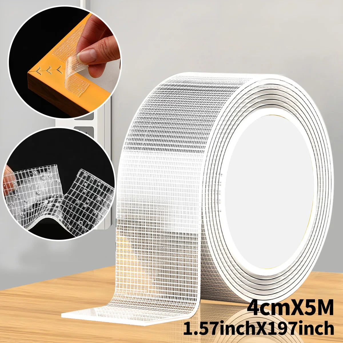 5m Nano Double-Sided Adhesive Tape - Ultra-Strong adhesion， Clear, Removable & Waterproof - Heavy-Duty, Extra Sticky Strip for E Qme 4cmX5M