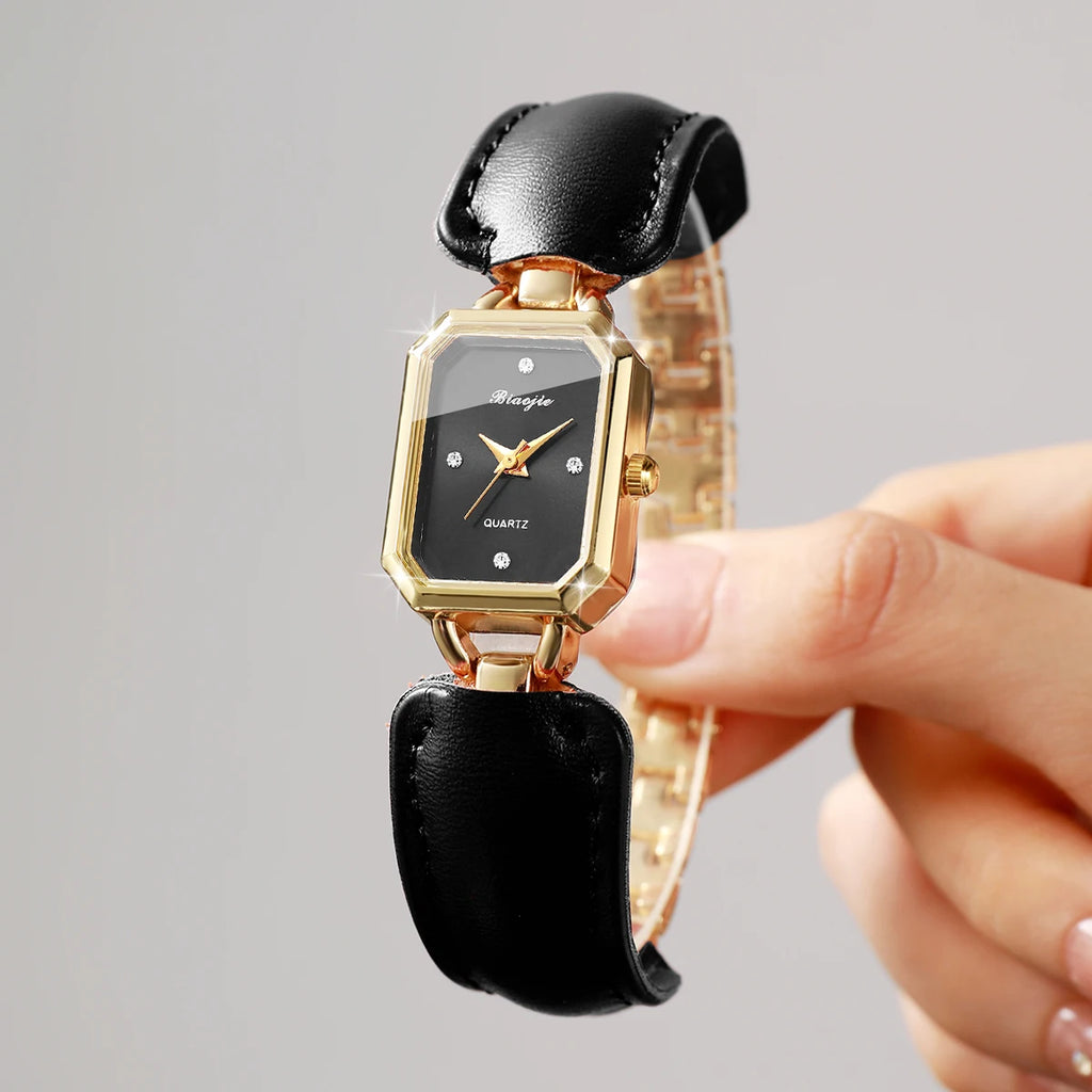 Women Small Rectangle Dial Quartz Wrist Watch Black Leather Strap Rhinestone Index Elegant Casual Ladies Dress Wristwatch Gift Qme