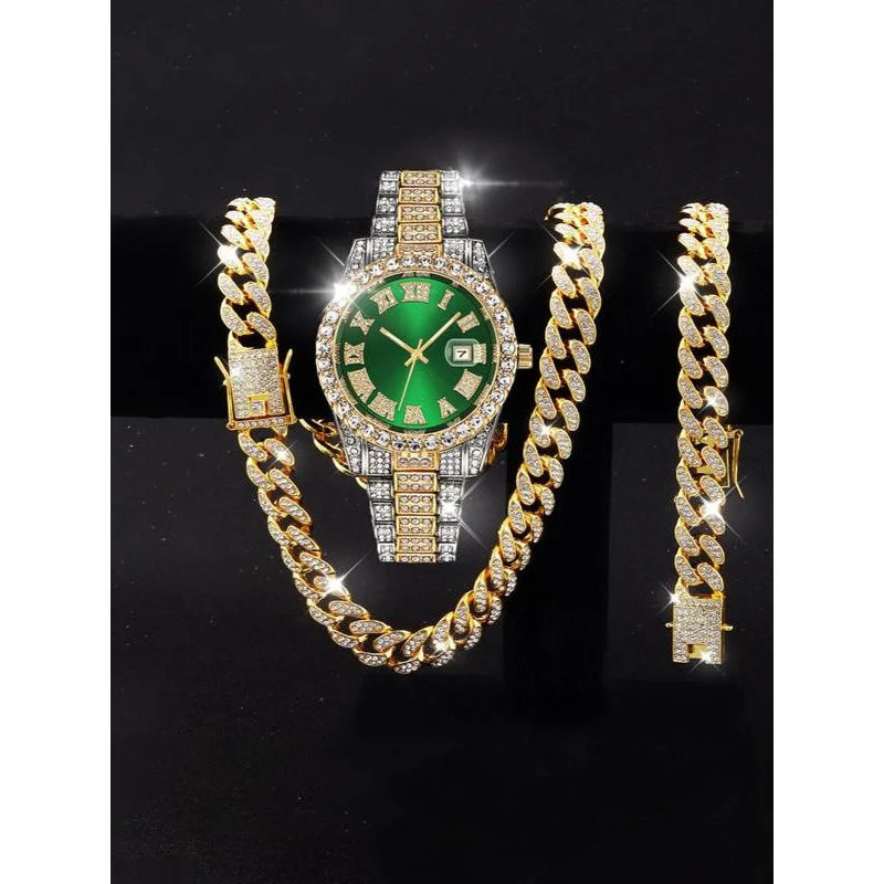 3-piece set hip-hop watch set with rhinestone bracelet and necklace, quartz Qme Grey