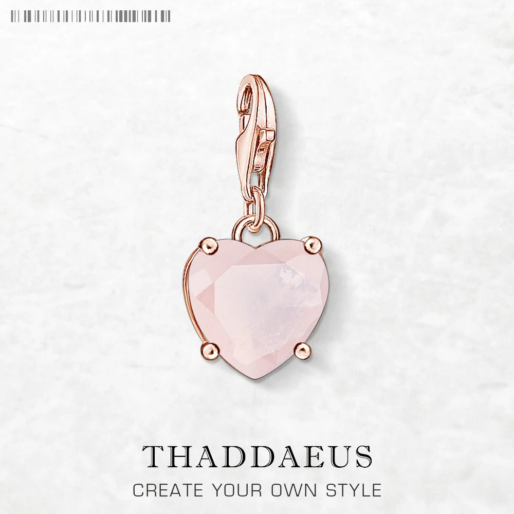 Rose Stone Heart Pendant Dangle Charms DIY Jewelry Romantic 100% 925 Sterling Silver Love Gift Qme Lobster Clasp