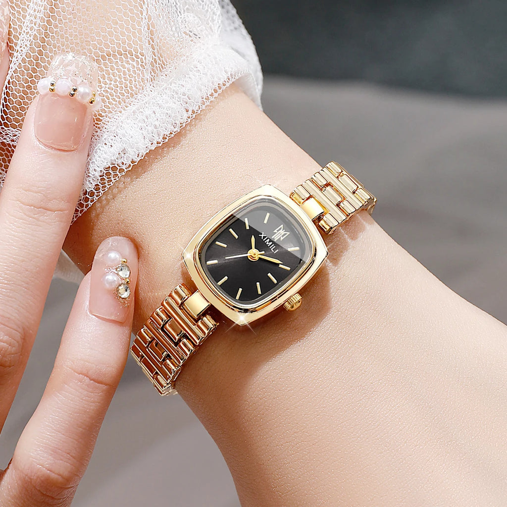 Hot Sale Women's Mini Gold Watch, Small Square Black Dial, Elegant Style Qme