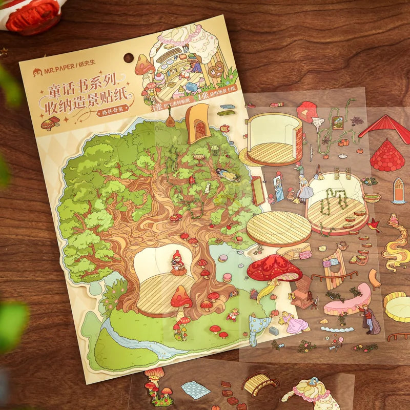 4 Sheets/Bag Magical Fairytale Themed Miniature Diorama Stickers for DIY Scrapbook Phone Case Decoration Student Reward Sticker Qme