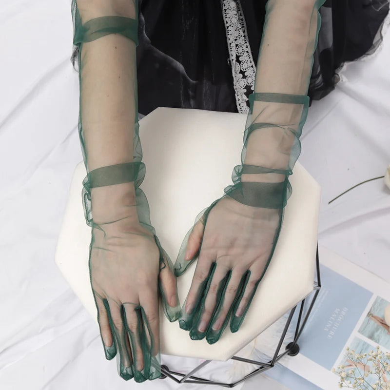 Fashion Long Sheer Tulle Gloves Ultra Thin Stretchy Full Finger Qme Black Green 55cm