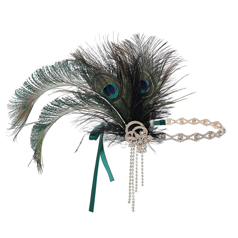 Retro Vintage Feather Headband Sequin Zircon Masquerade Hair Band Tassel Makeup Party 1920s Hair Accessories Bridal Headdress Qme Style 4