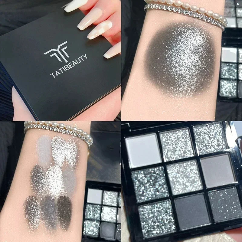 9 Colors Glitter Eyeshadow Palette Punk Smokey Cool Toned Eyeshadow Palette Dark Gray Black Nude Eye Pigments Makeup Qme A-01