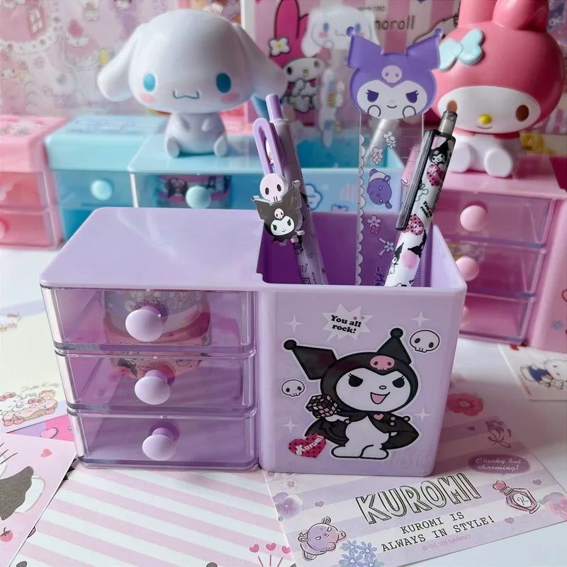 Hello Kitty, Kuromi, and Japanese-Style Cute Desktop Pencil Holder Student Storage Box Melody Mini Drawer Organizer Qme