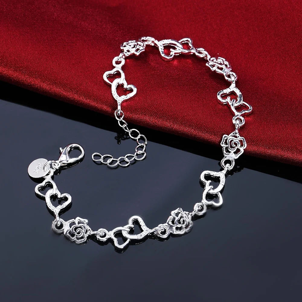 Charm 925 Sterling Silver Bracelets for Women Flowers heart Chain Fashion Wedding Party Christmas Gifts fine Jewelry Qme