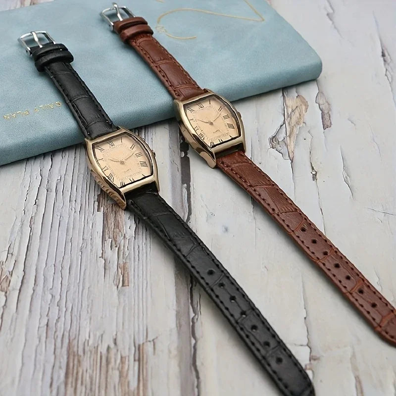 Vintage Pointer Quartz Watch Minimalist Roman Numeral Dial Wristwatch With Leather Watchband For Women Men Qme
