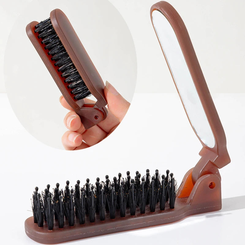 Mane Bristle Hair Brush Foldable Portable Comb Mirror Pocket Qme