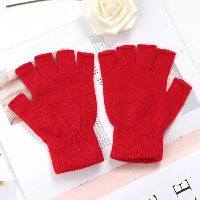 New Black Half Finger Fingerless Gloves for Women and Men Knit Wrist Cotton Pink Hand Gloves Winter Warm Workout Work Mittens Qme Red One Size