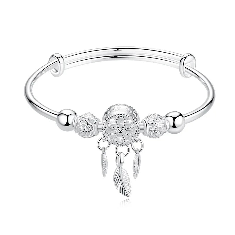 Fine 925 Sterling Silver Dreamcatcher Tassel Feather Lucky Bead Bracelet Bangle for Women Fashion Original Jewelry Couple Gifts Qme