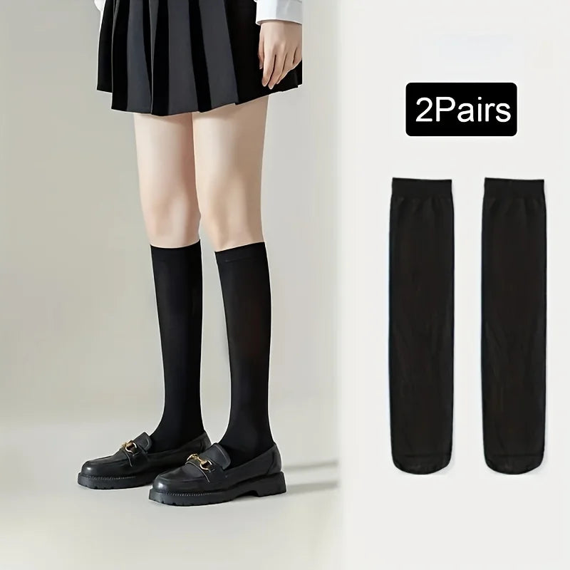 Women's Calf Socks - Black White Thin JK Style Knee High Socks, Slimming & Shaping, Non-slip,Breathable For Daily Wear Qme Black 2pairs One Size