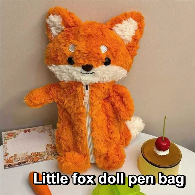 Students Cute Fox Doll Plush Pen Bag Cartoon Animal Pencil Case Large Qme