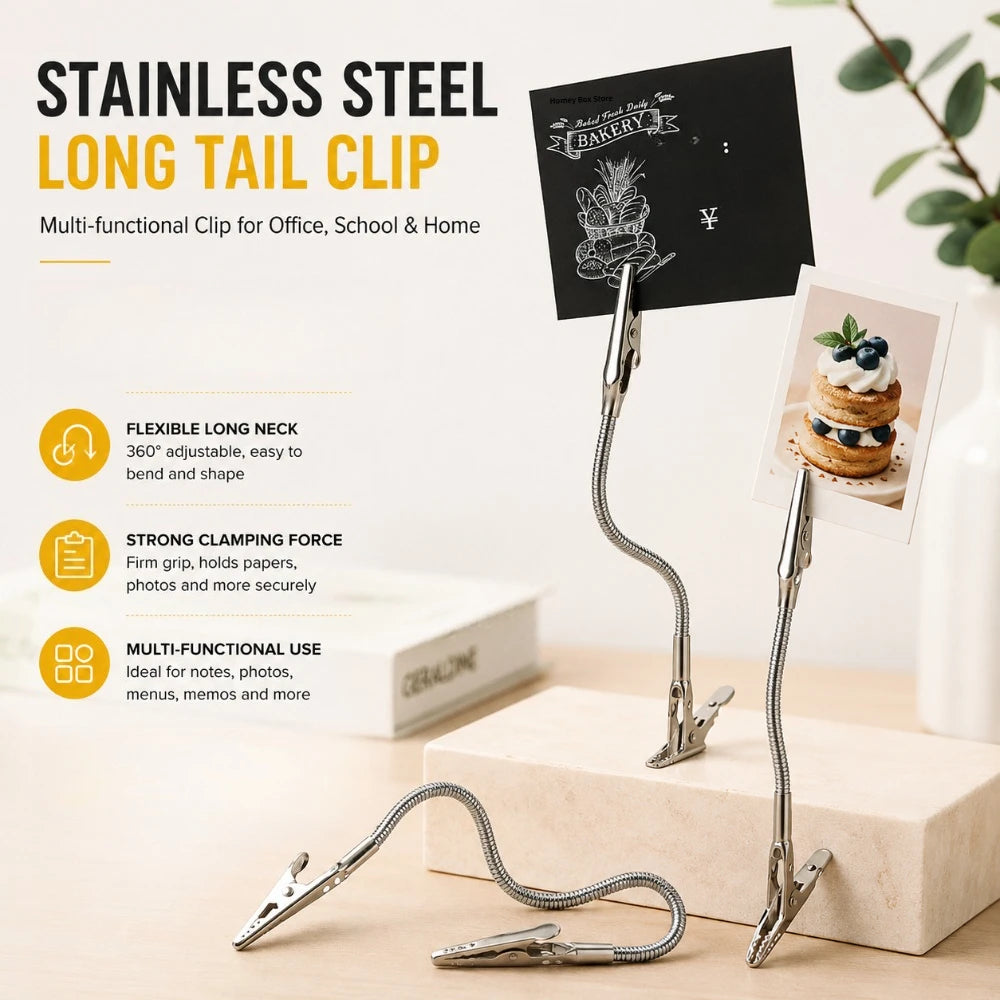 Stainless Steel Long Tail Clip Multifunctional Office School Paper Clamp Wire Rope Photo Holder Desk Decoration Display Qme