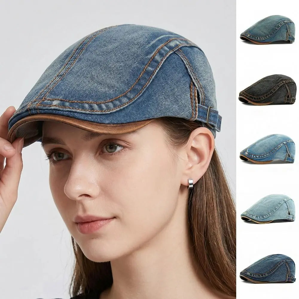 Fashion Cotton Washed Denim Newsboy Caps Adjustable British Peaked Qme