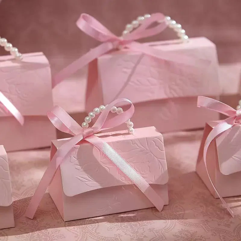 10PCS Pink Pearl Portable Gift Box Wedding Portable Ribbon Souvenir Wedding Candy Paper Box DIY Party Packaging Supplies Qme