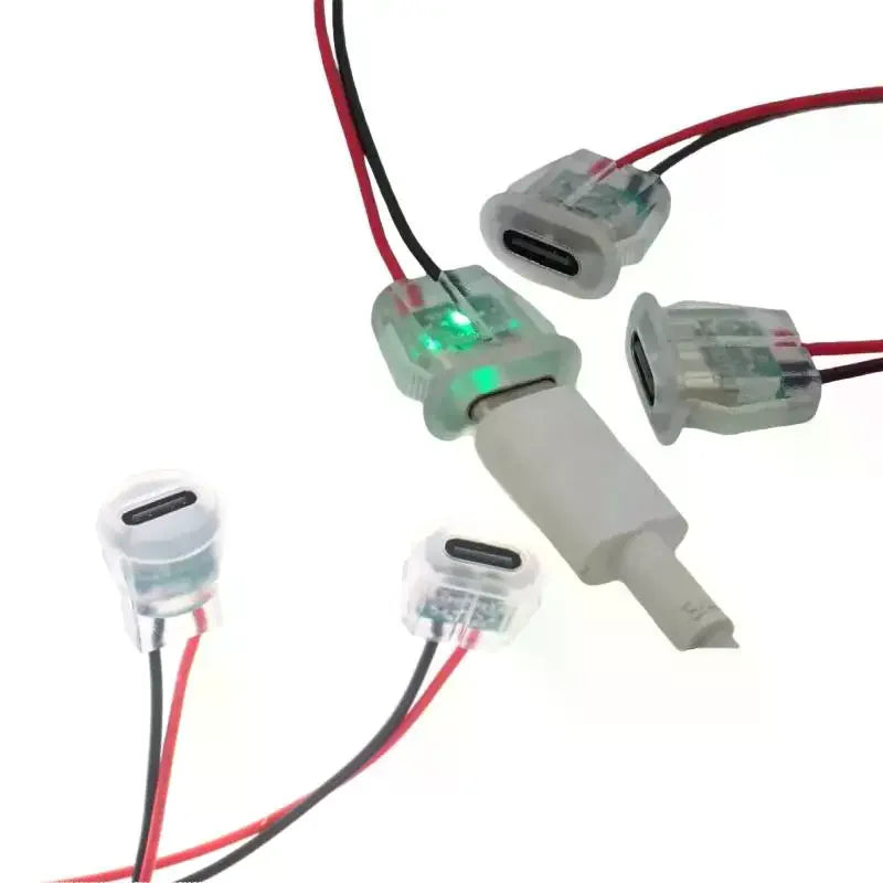 5/10Pcs Waterproof USB-C Power Port Female Connectors Transparent 2Pin USB Type-C With LED Lights Input Type Charging Socket Qme