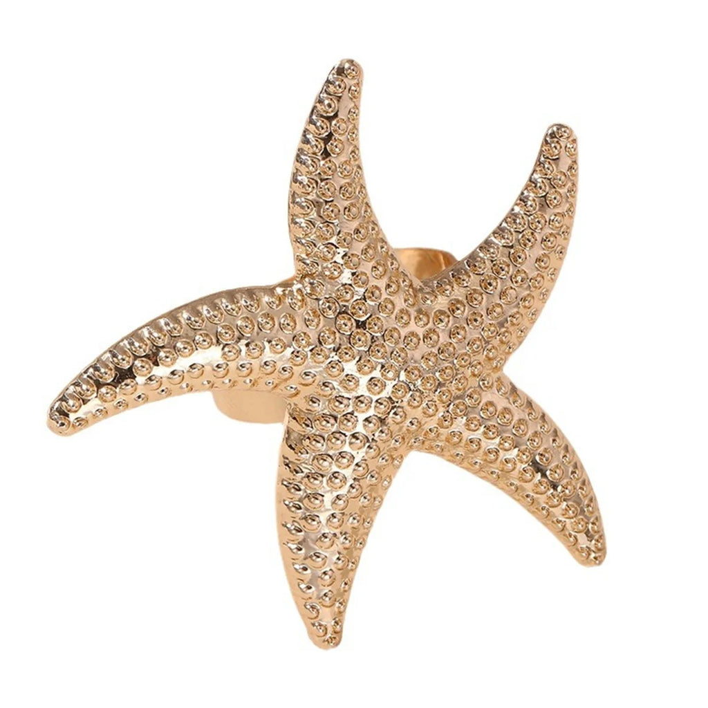 Vintage Exaggerated Metal Flower Starfish Pearl Rings for Women Fashion Aesthetic Beach Style Gold Color Vacation Jewelry Gift Qme